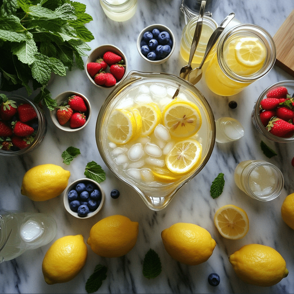 Homemade lemonade bar with lemonade pitcher, lemons, ice, fruit, and herbs