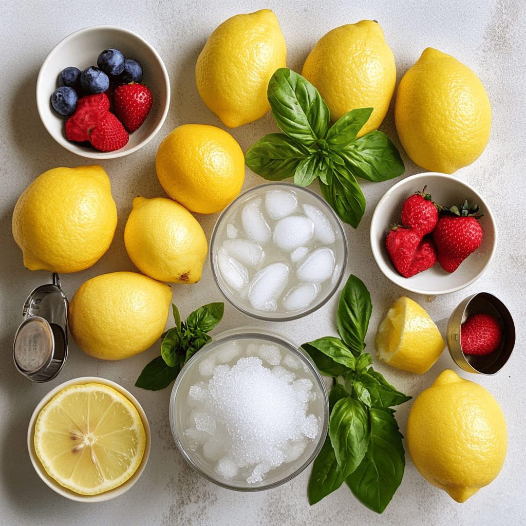Ingredients for homemade lemonade including lemons, sugar, water, ice, and optional fruit and herbs