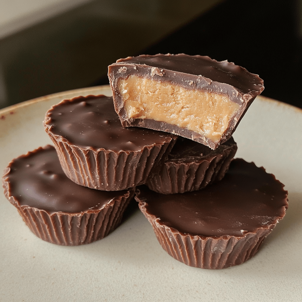 Homemade peanut butter cups with glossy chocolate coating and peanut butter filling, stacked on a plate
