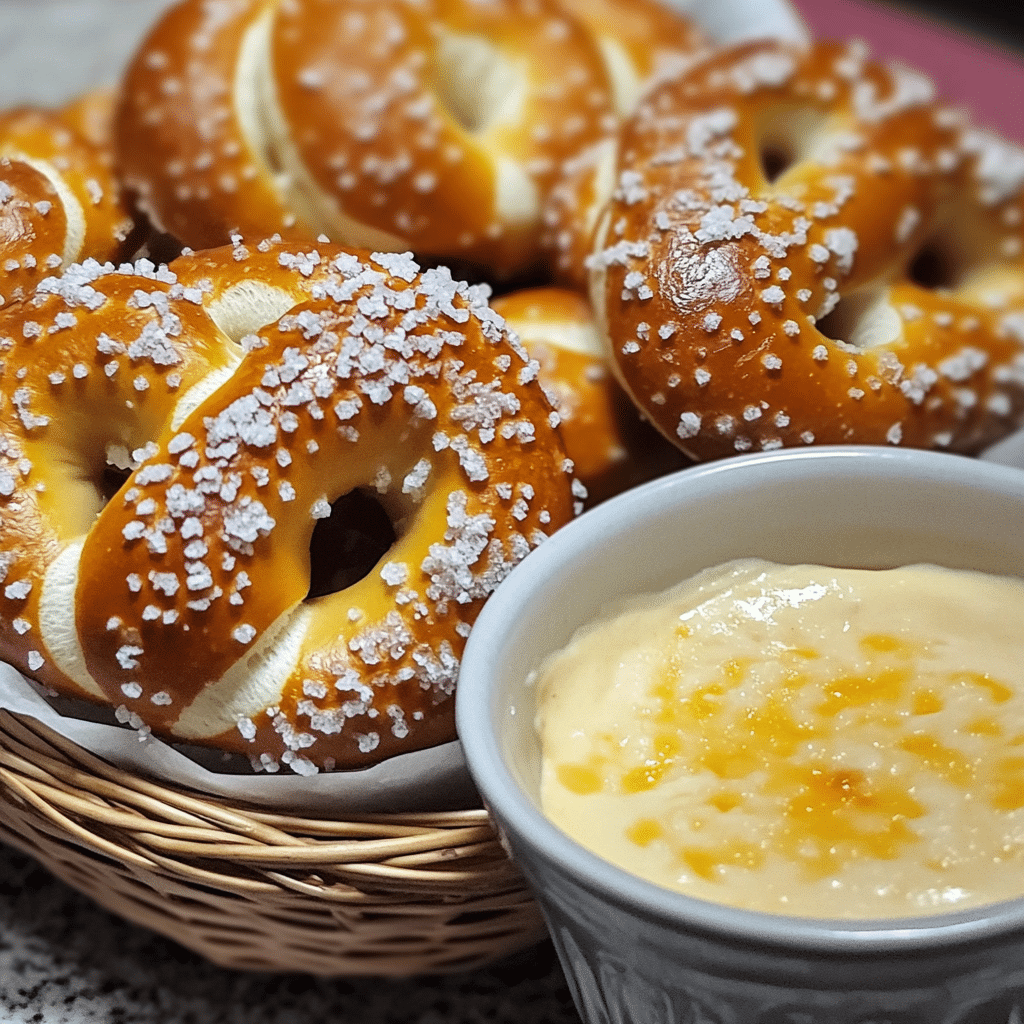 Pretzel bites with coarse salt and cheese dip