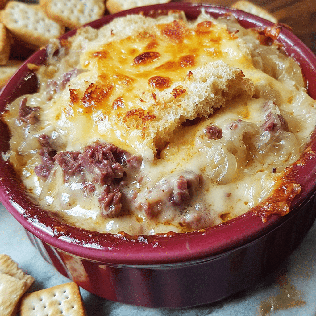 hot reuben dip with melted cheese corned beef and sauerkraut