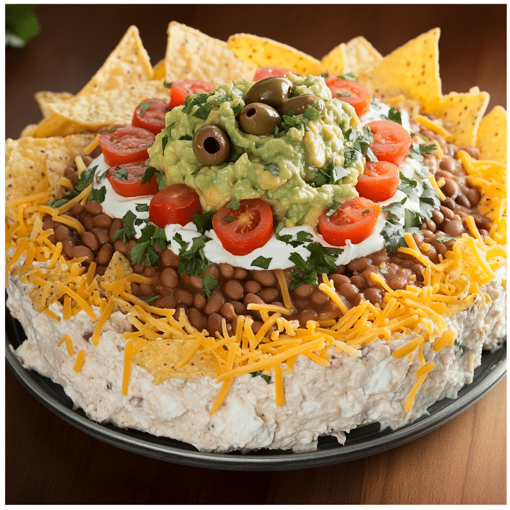 Four step collage of layering seven layer dip