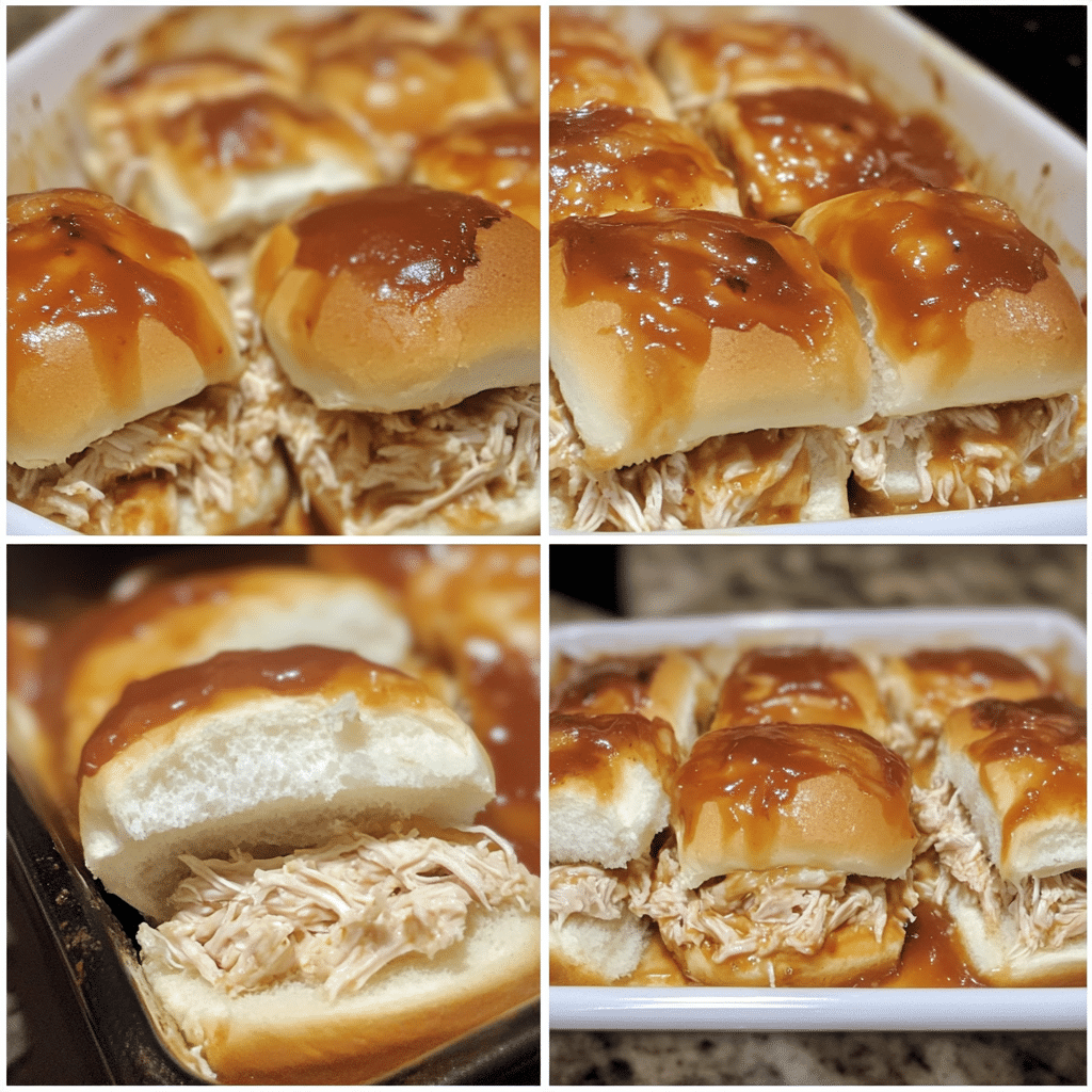 Four step collage of making bbq chicken sliders