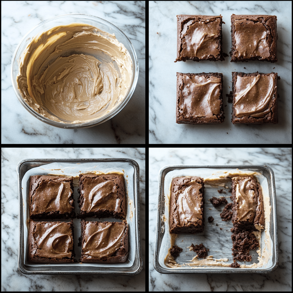 four panel collage showing steps to make baileys irish cream brownies