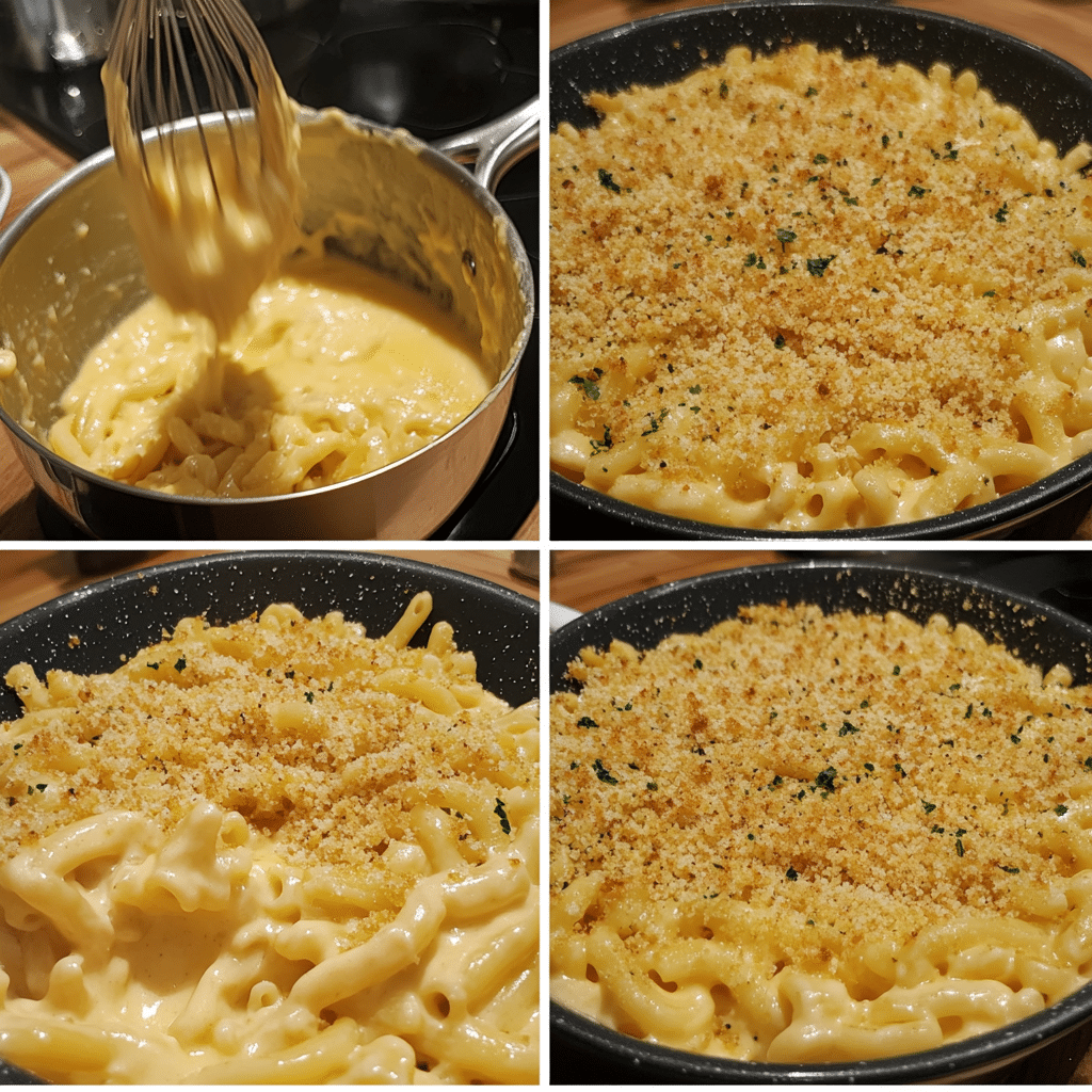 Four-step collage showing making cheese sauce, mixing pasta, adding topping, and baked mac and cheese