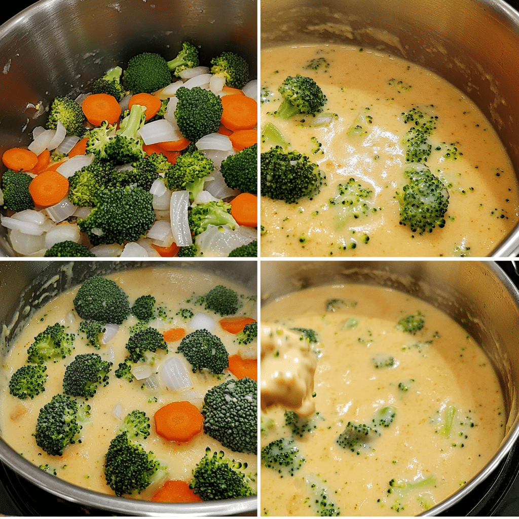 Four-step collage showing sautéing vegetables, whisking soup base, simmering broccoli, and adding cheddar