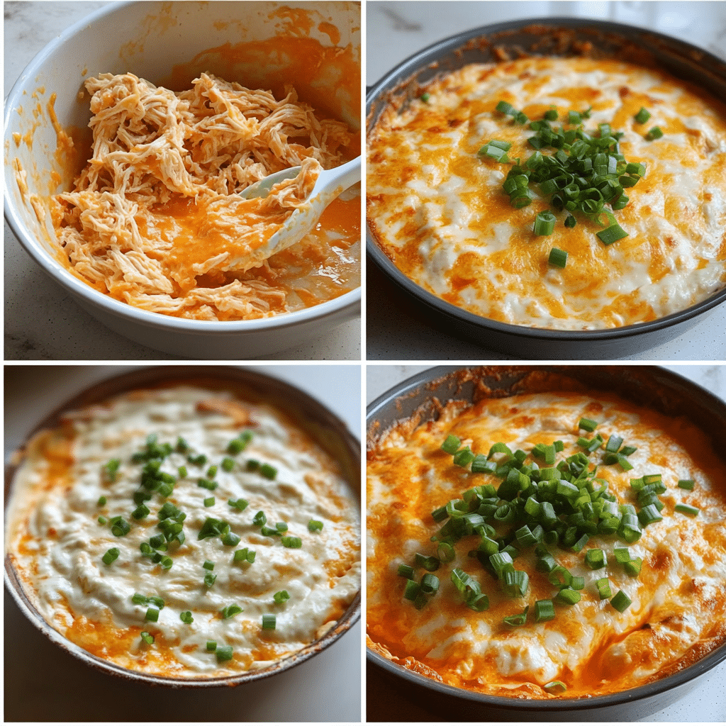 Four step collage of making buffalo chicken dip
