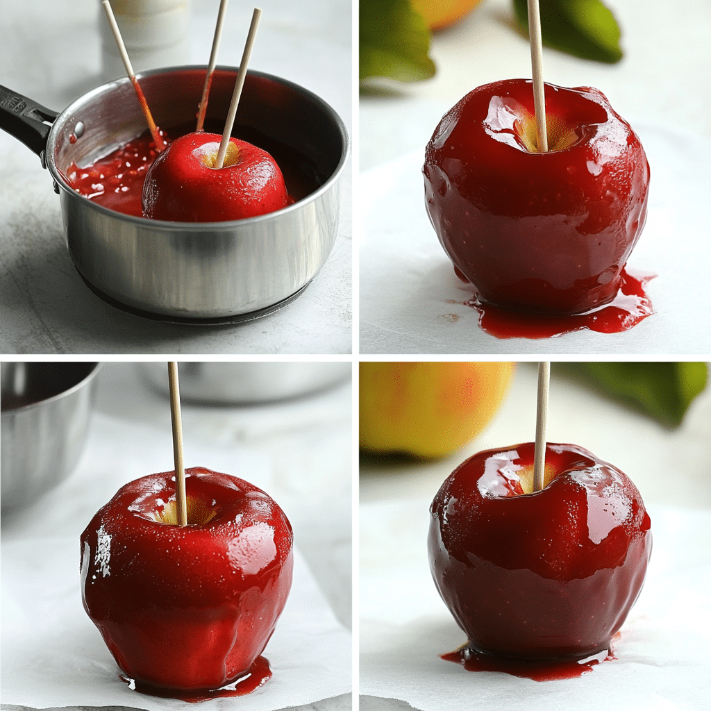 Four-step collage showing prepping apples, cooking candy, dipping apples, and cooling finished candy apples