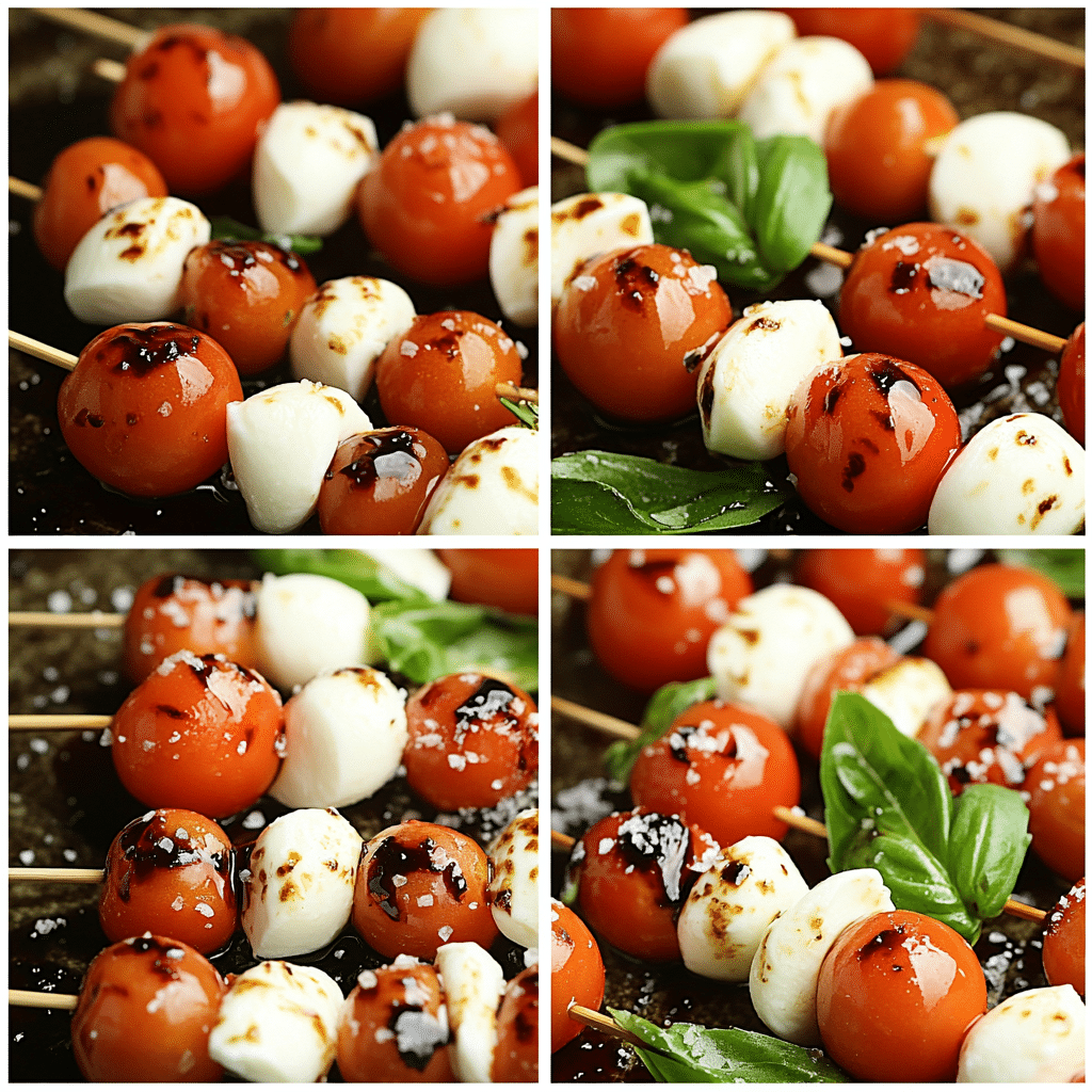 Four-step collage showing assembling caprese skewers and finishing with balsamic glaze