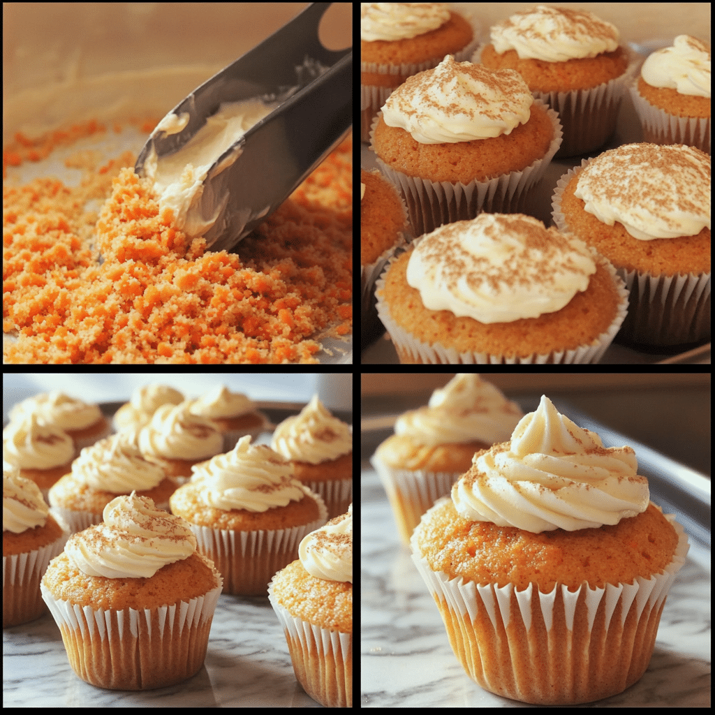 Collage of mixing batter and frosting carrot cake cupcakes