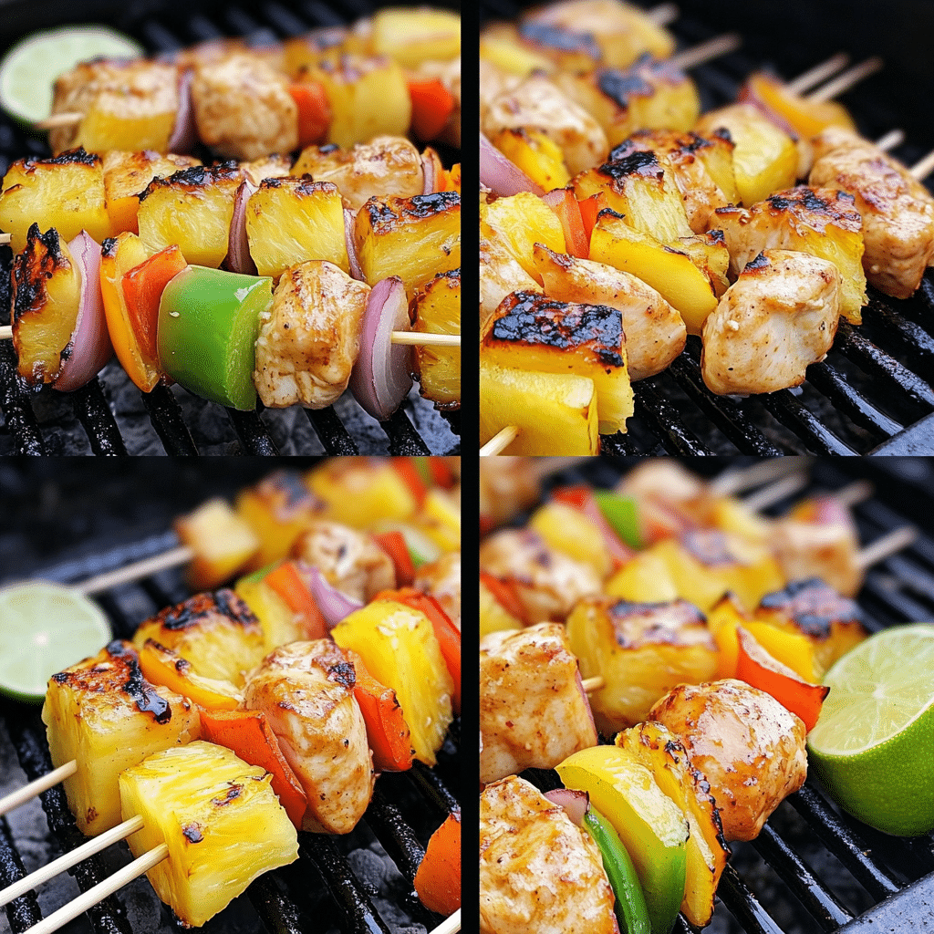 Four-step collage showing kabobs assembled, grilled, glazed, and served