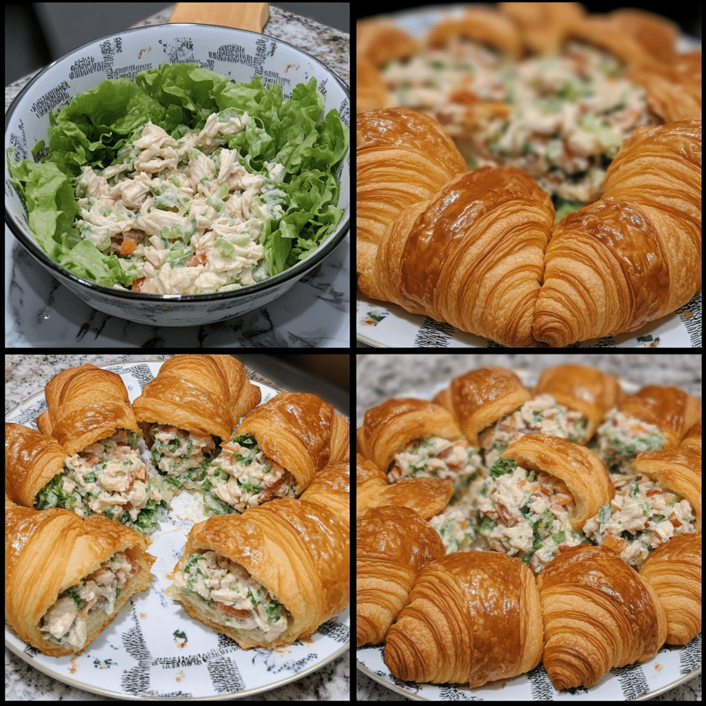 Four-step collage showing mixing chicken salad, slicing croissants, filling with lettuce and chicken salad, and serving