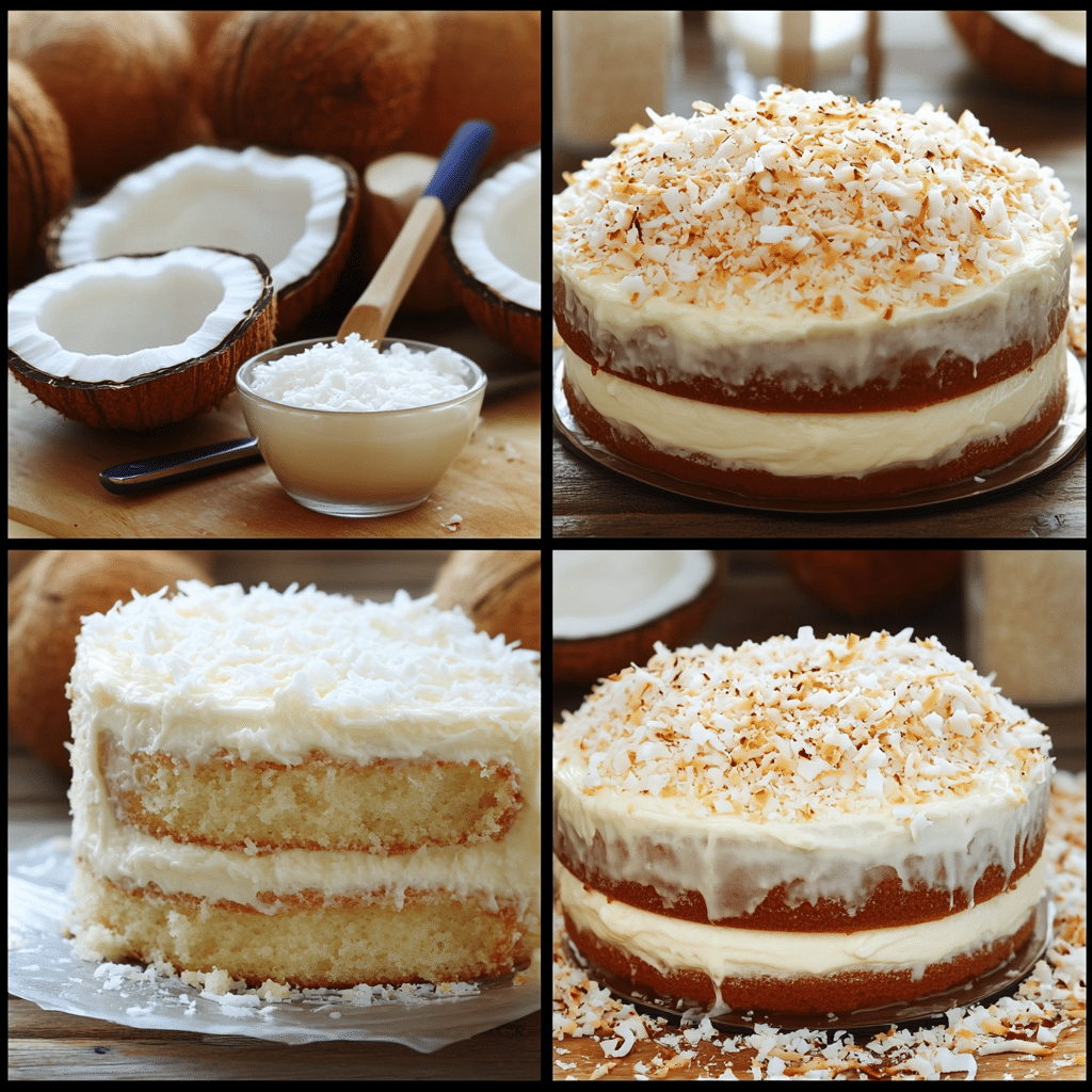 Collage of mixing, baking, frosting, and finishing coconut cake