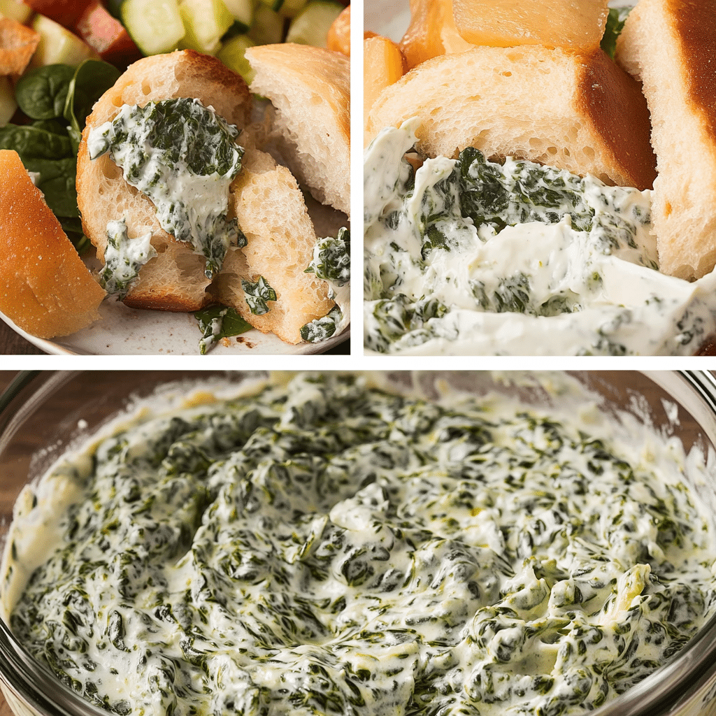 Four step collage of making cold spinach dip
