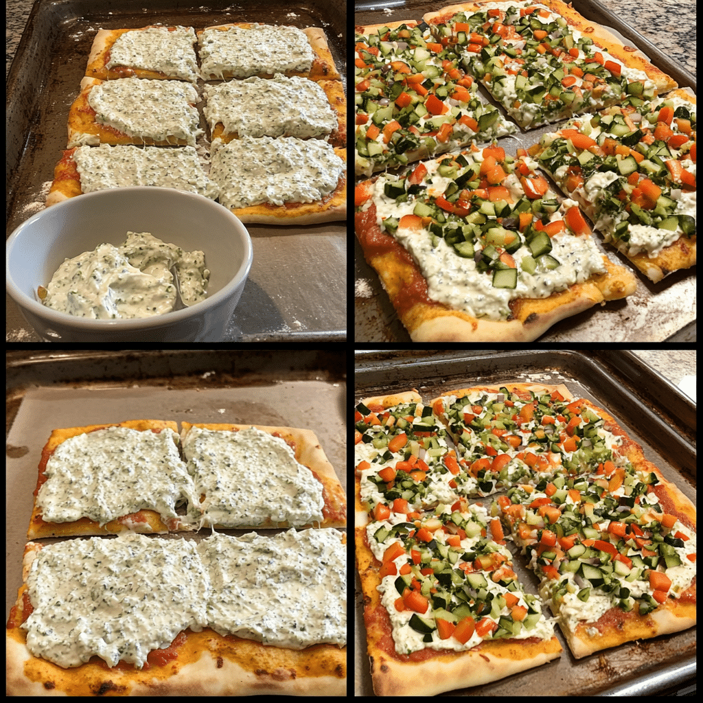 Four-step collage showing baking the crust, mixing the spread, spreading it on, and topping with vegetables before slicing