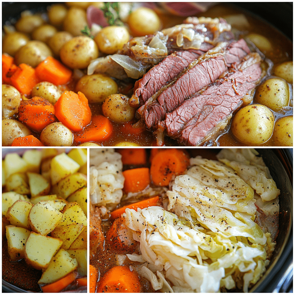 Four step collage of making slow cooker corned beef and cabbage