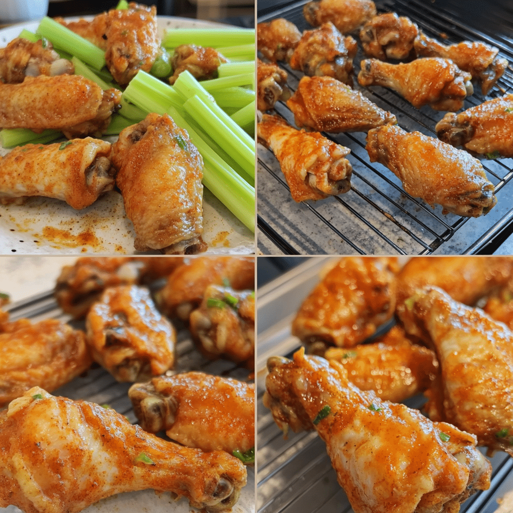 Four step collage of making crispy baked chicken wings
