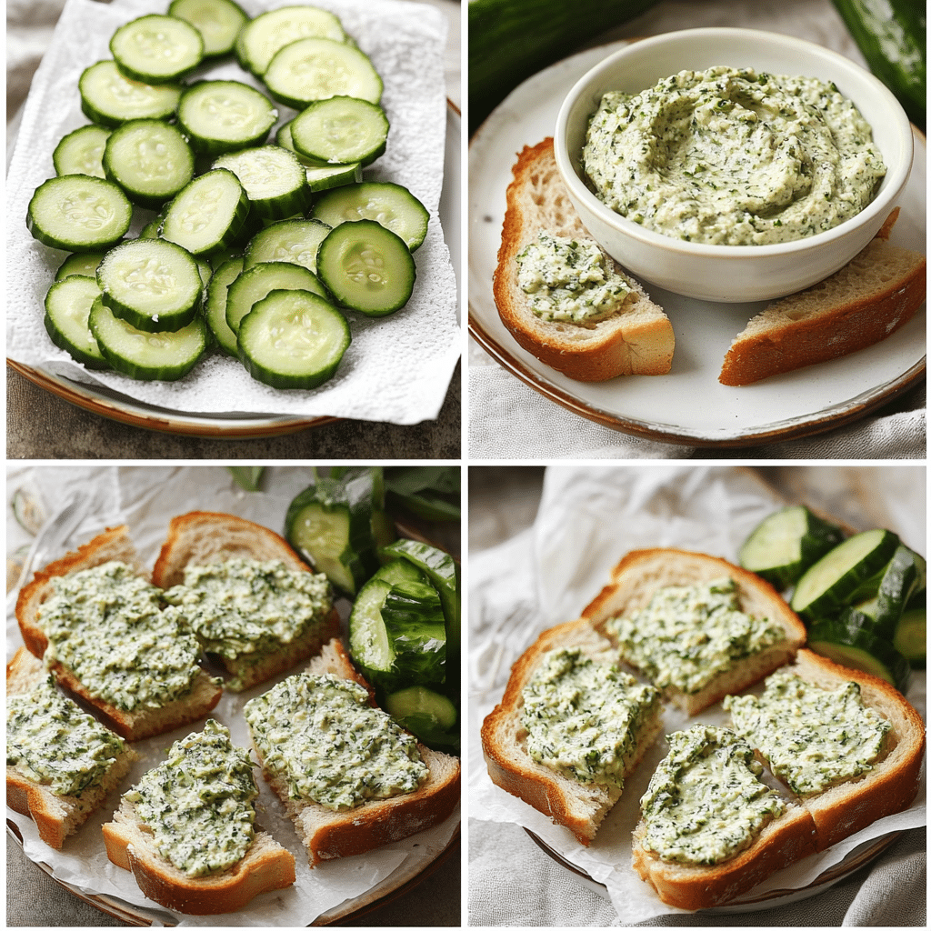 Four-step collage showing salting cucumbers, mixing spread, assembling sandwiches, and cutting into triangles