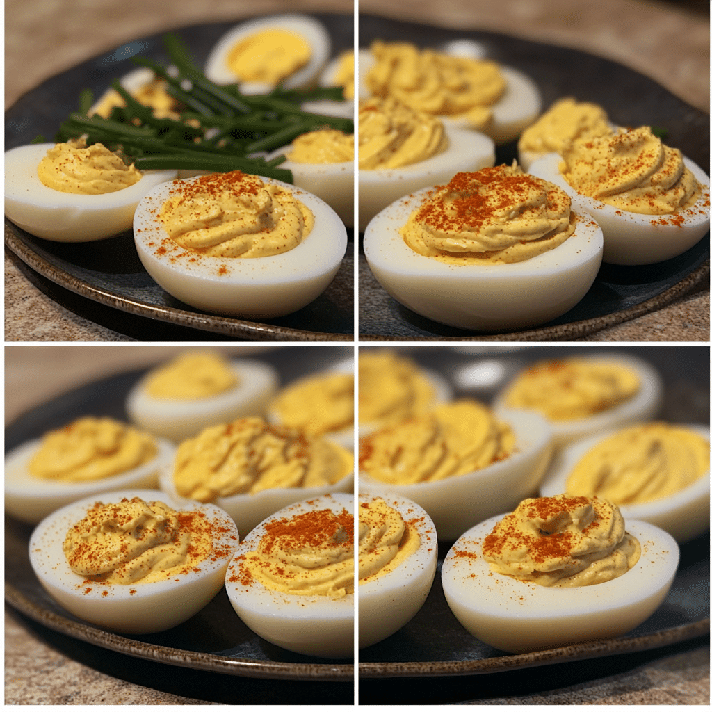 Four-step collage showing halving eggs, mixing yolk filling, piping into halves, and finishing deviled eggs