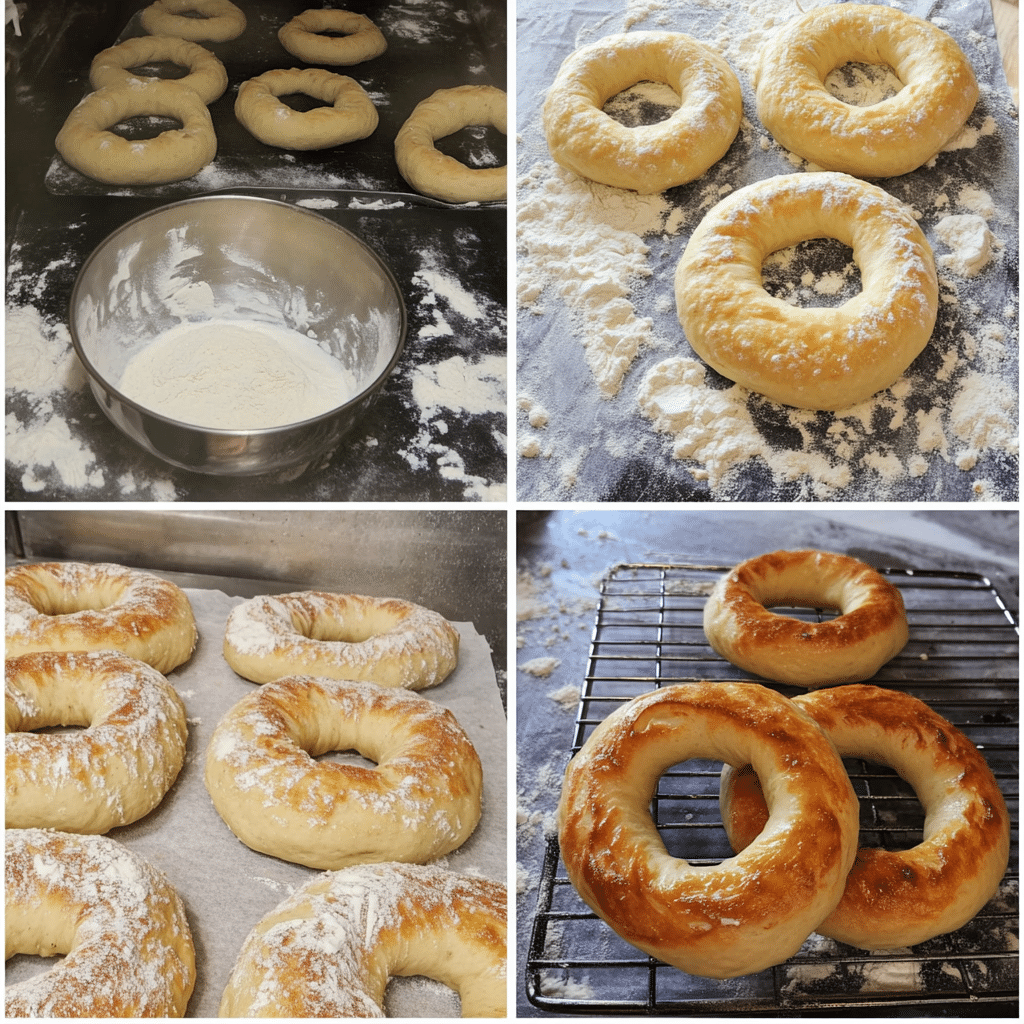 Four-panel collage showing mixing dough, kneading, shaping bagels, and baked bagels cooling
