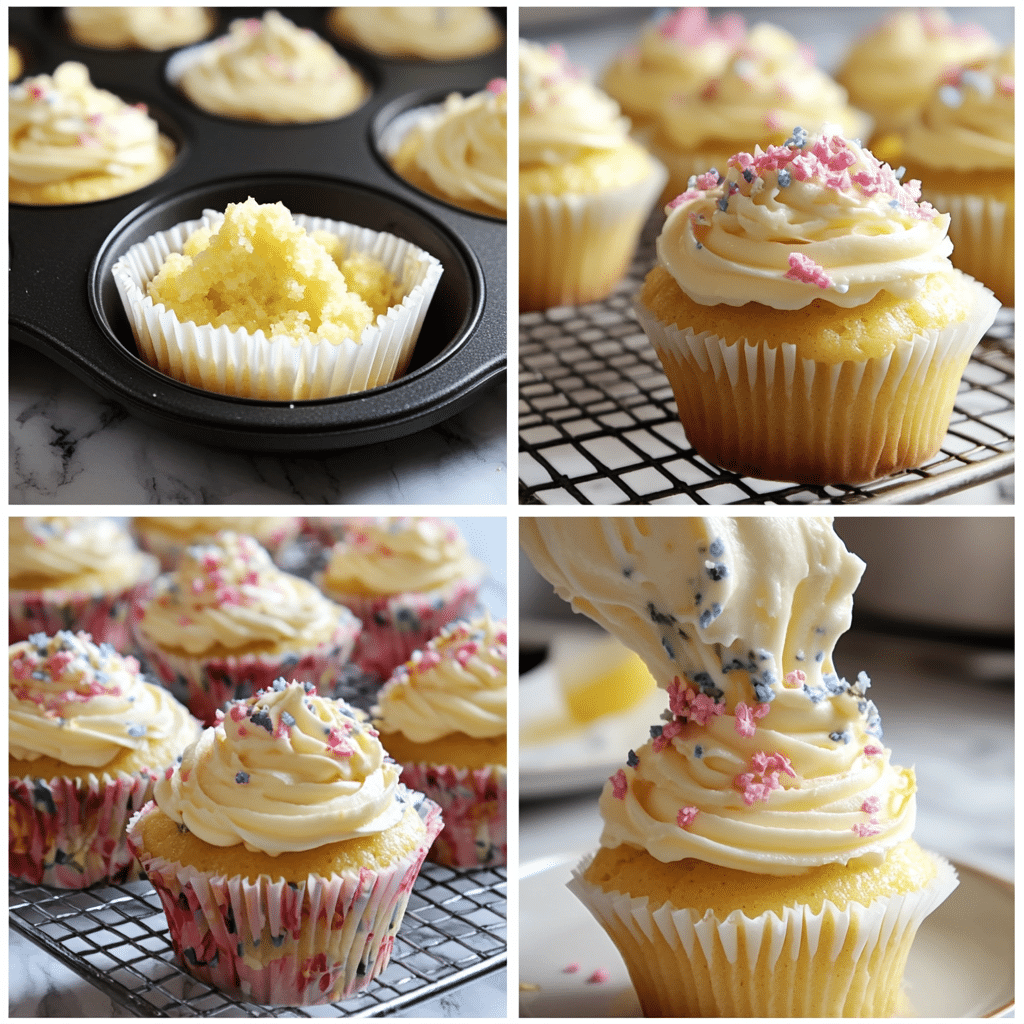 Four-step collage showing filling cupcake liners, baking, making buttercream, and piping floral frosting
