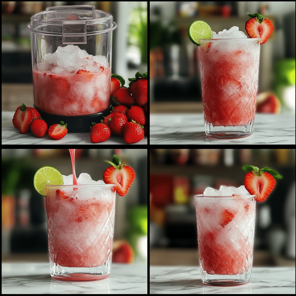 Four-step collage showing loading the blender, blending, pouring, and garnishing a frozen strawberry drink