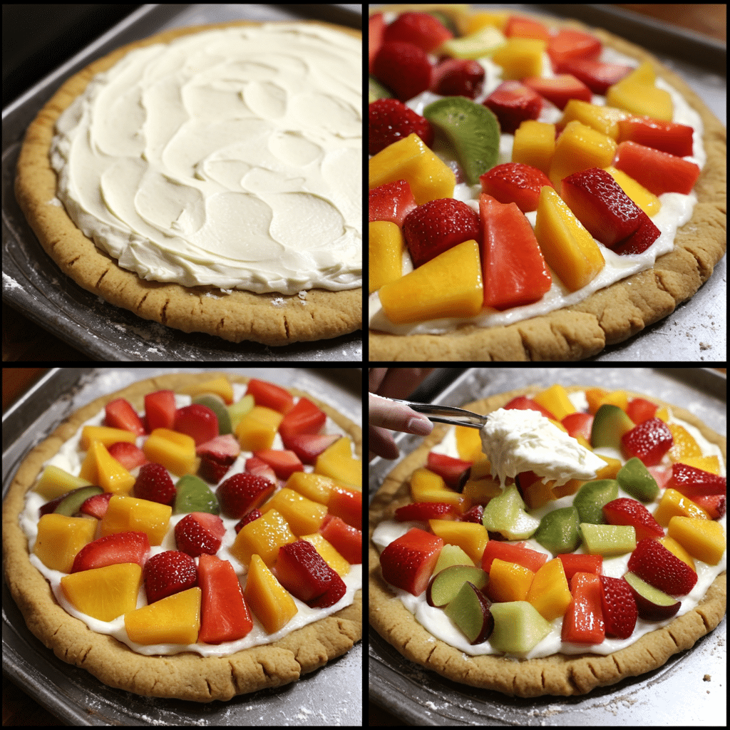 Four-step collage showing pressing dough, cooling crust, spreading frosting, and topping with fruit and glaze