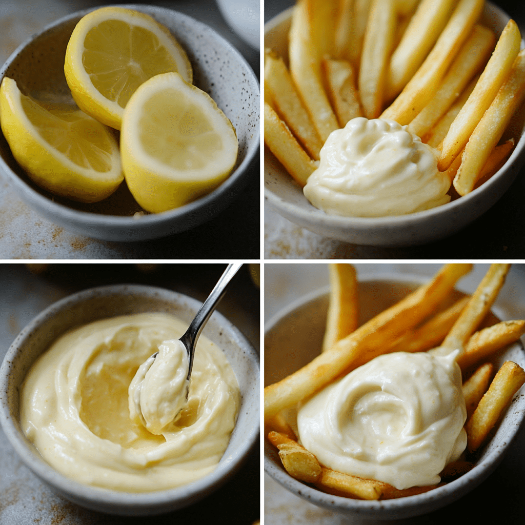 Collage of mixing garlic, lemon, and mayonnaise to make aioli