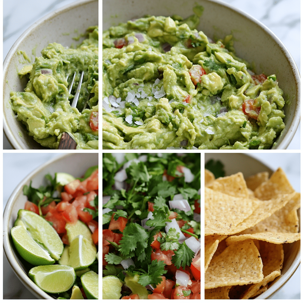 Four step collage of making guacamole