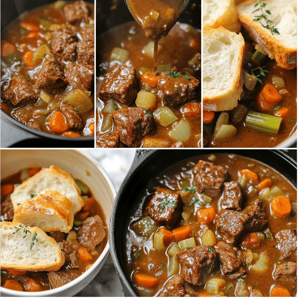 four panel collage showing steps to make guinness beef stew in a dutch oven