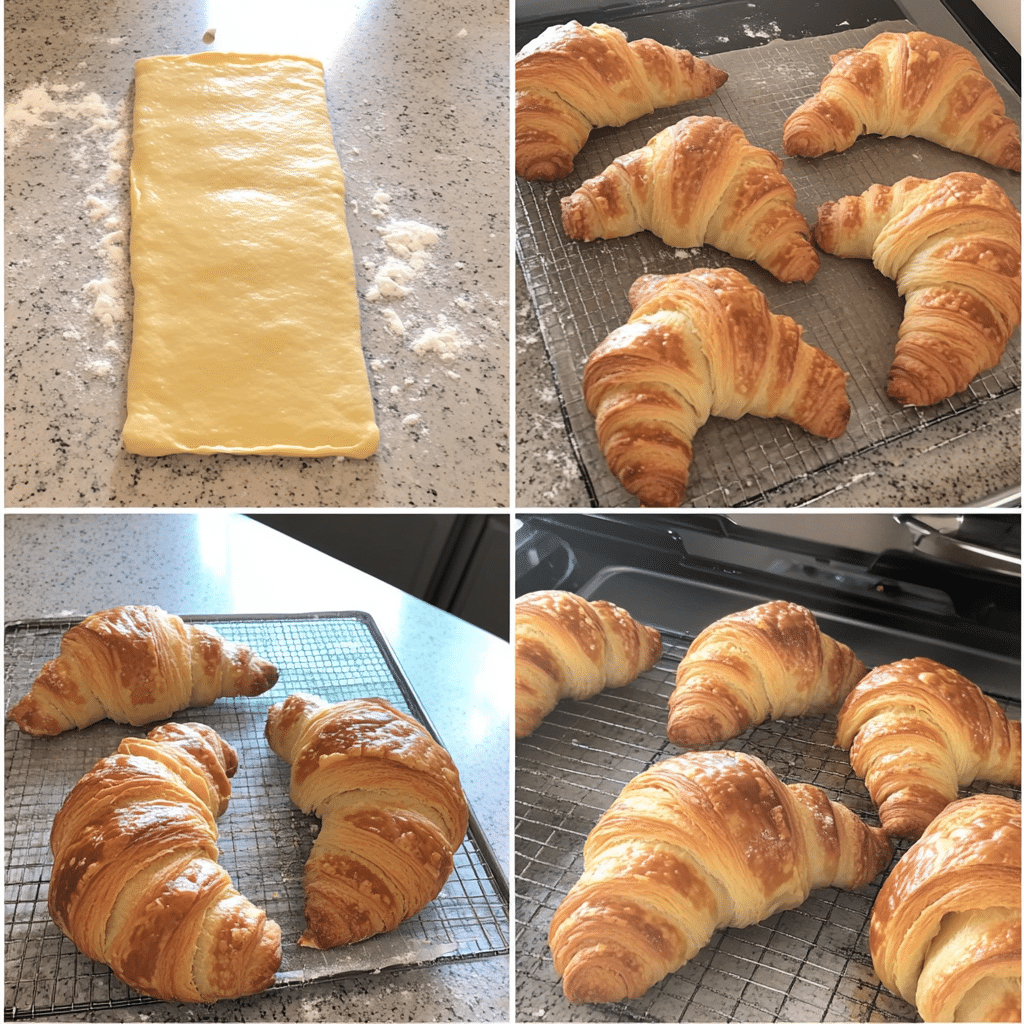 Four-panel collage showing rolling dough, folding butter block, shaping croissants, and baked croissants cooling