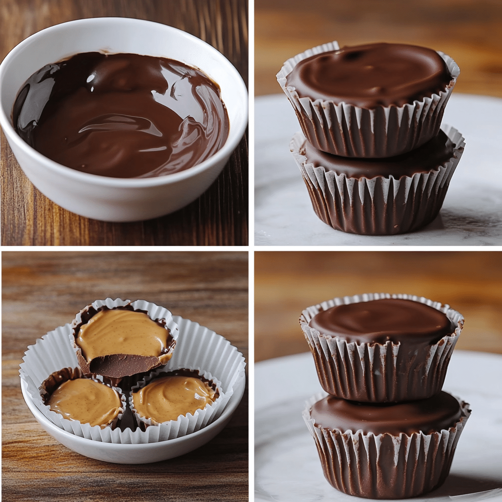 Four-step collage showing melting chocolate, lining cups, adding peanut butter center, and finished candy cups