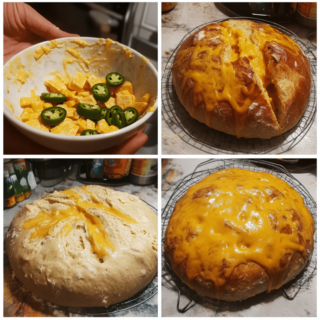 Four-panel collage showing steps for jalapeño cheddar sourdough