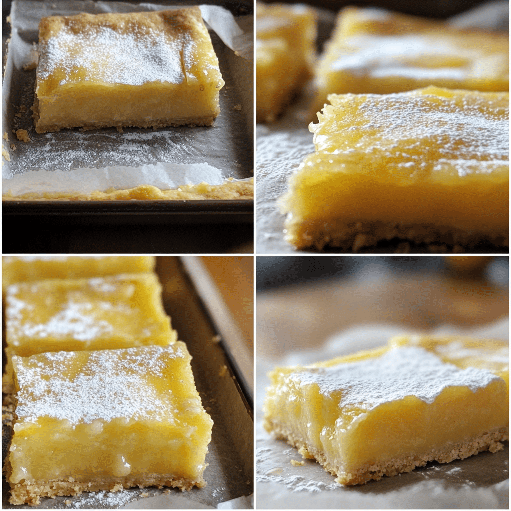 Four-step collage showing pressing crust, baking, mixing and pouring filling, and finished lemon bars sliced and dusted