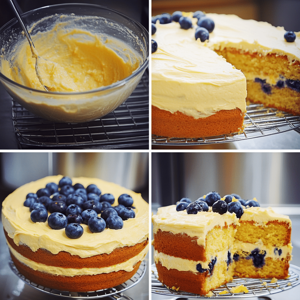 Four-step collage showing mixing batter, folding blueberries, cooling cake layers, and frosting the finished cake