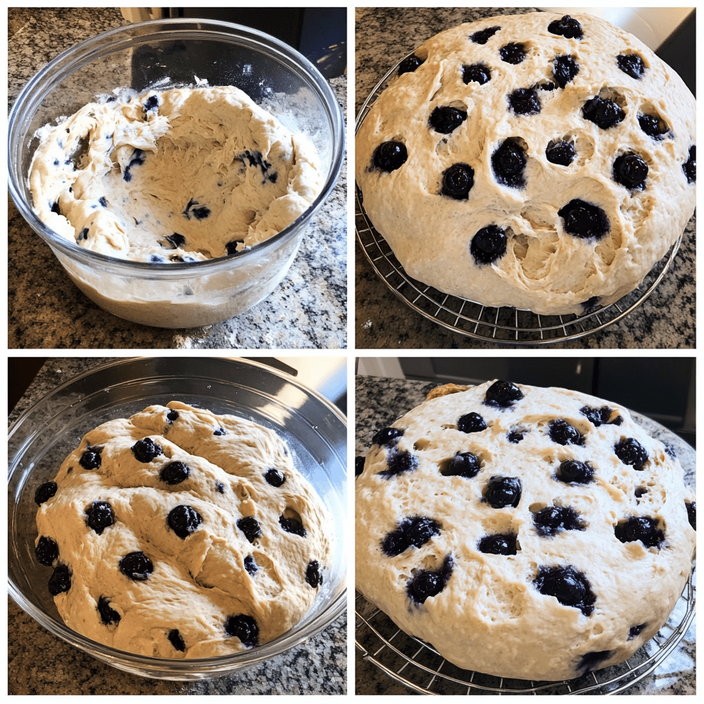 Four-panel collage of mixing dough, stretching and folding, adding blueberries, and cooling baked sourdough loaf