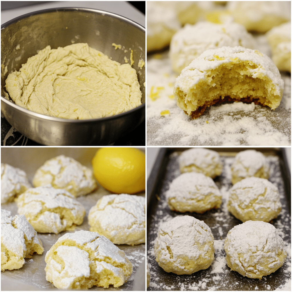 Four-step collage showing mixing, chilling, rolling, and baking lemon crinkle cookies