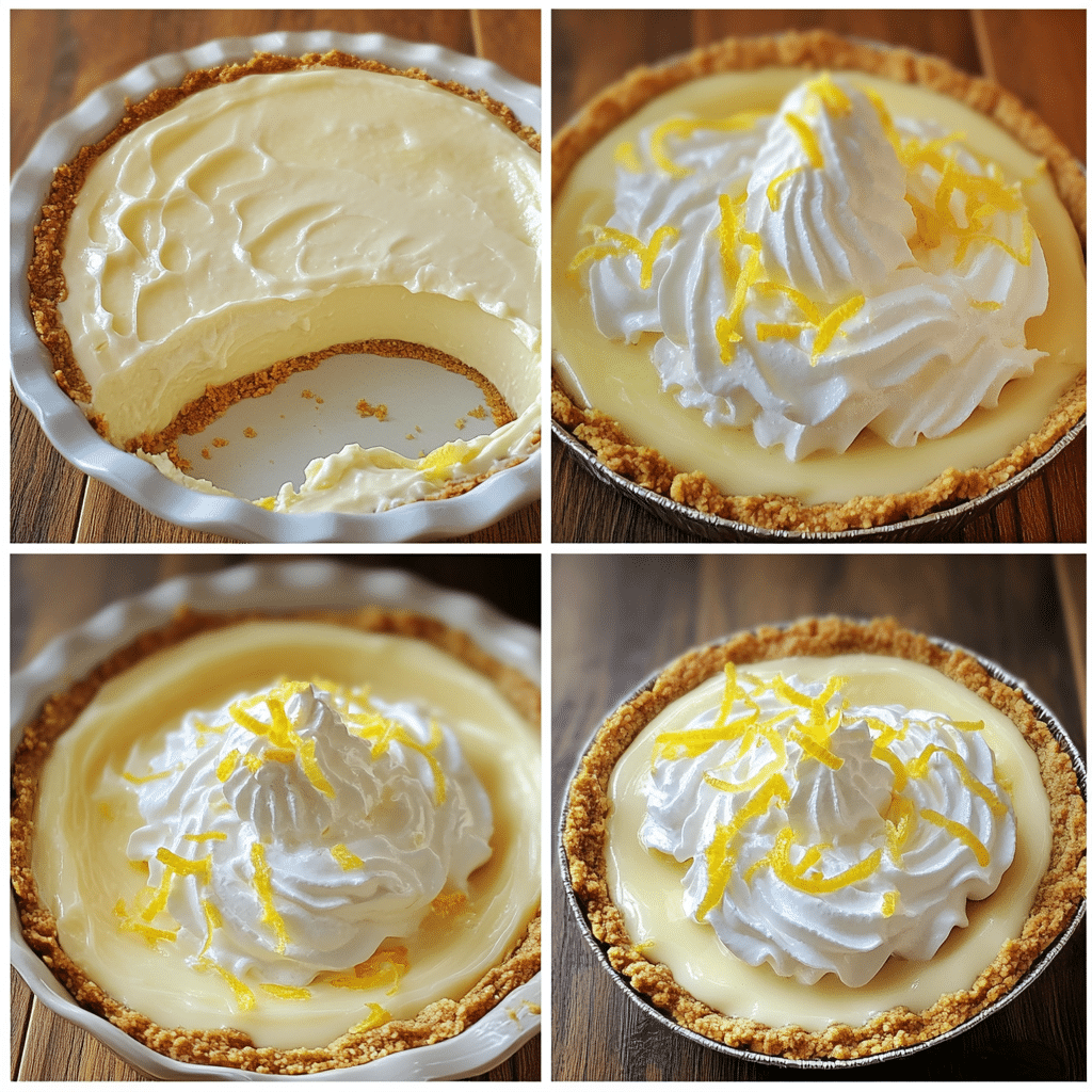 Collage of making graham crust and creamy lemon filling for icebox pie