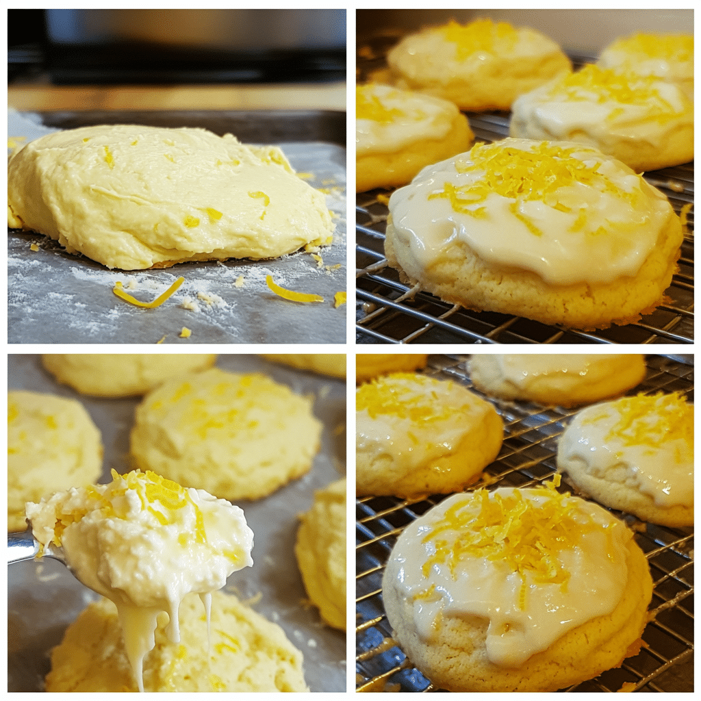 Four-step collage showing mixing dough, scooping cookies, cooling, and glazing lemon ricotta cookies