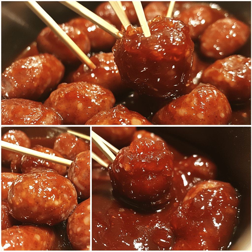 Four step collage of making little smokies in a slow cooker