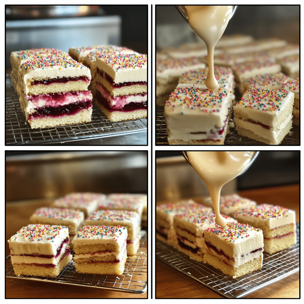 Four-step collage showing layering cake with filling, cutting squares, icing on a rack, and finished decorated petit fours