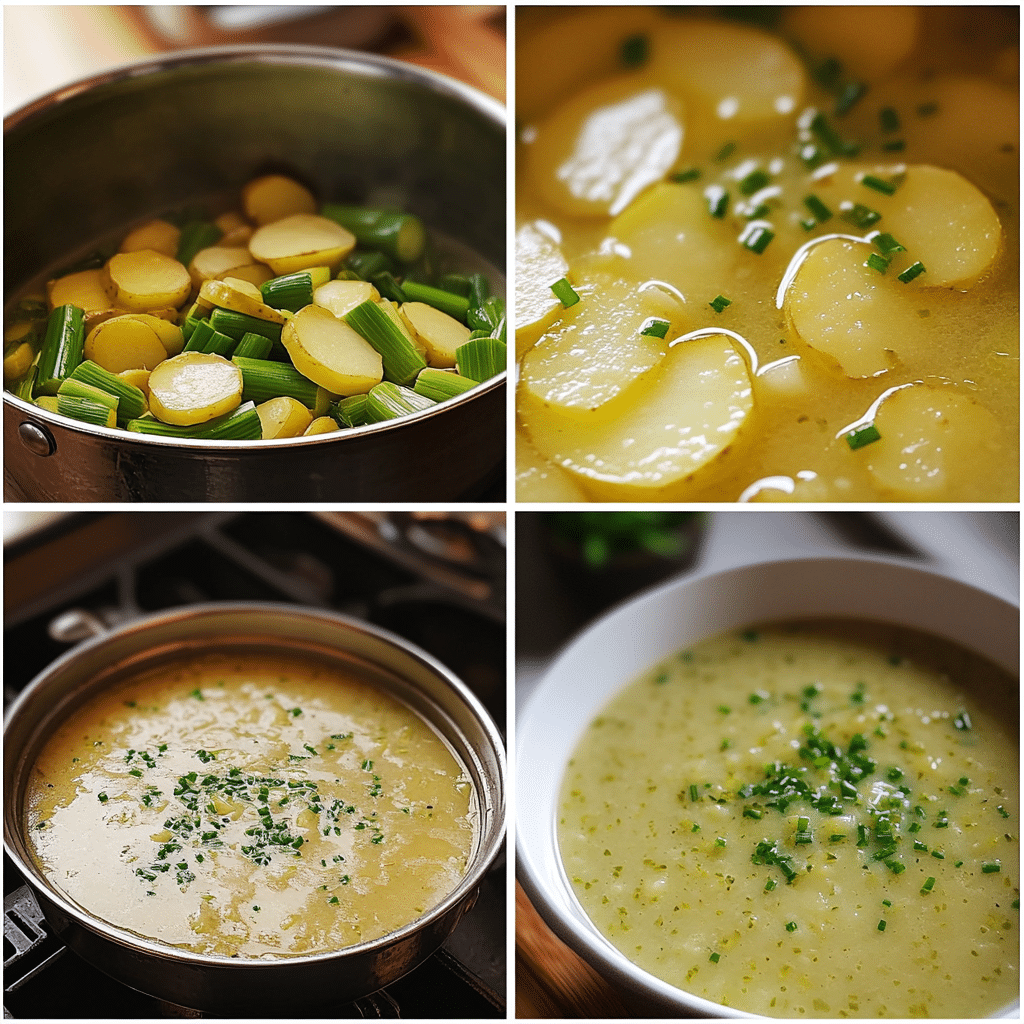 Four-step collage showing sautéing leeks, simmering potatoes, blending soup, and serving potato leek soup