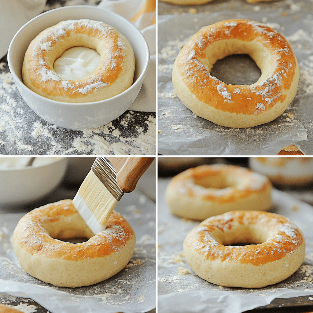 Four-panel collage showing steps to make protein bagels