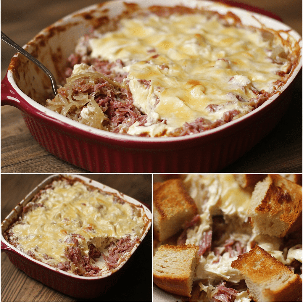 four panel collage showing steps to make hot reuben dip