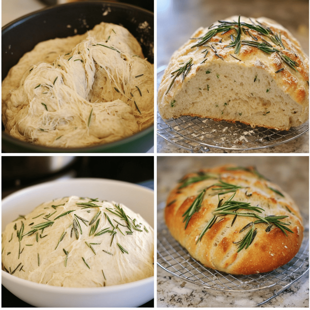 Four-panel collage showing steps to make rosemary sourdough bread