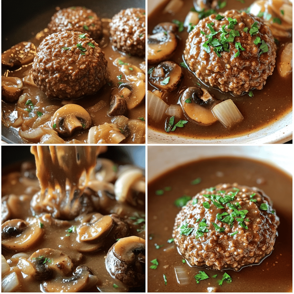 Four-step collage showing forming patties, searing, making gravy, and simmering Salisbury steak