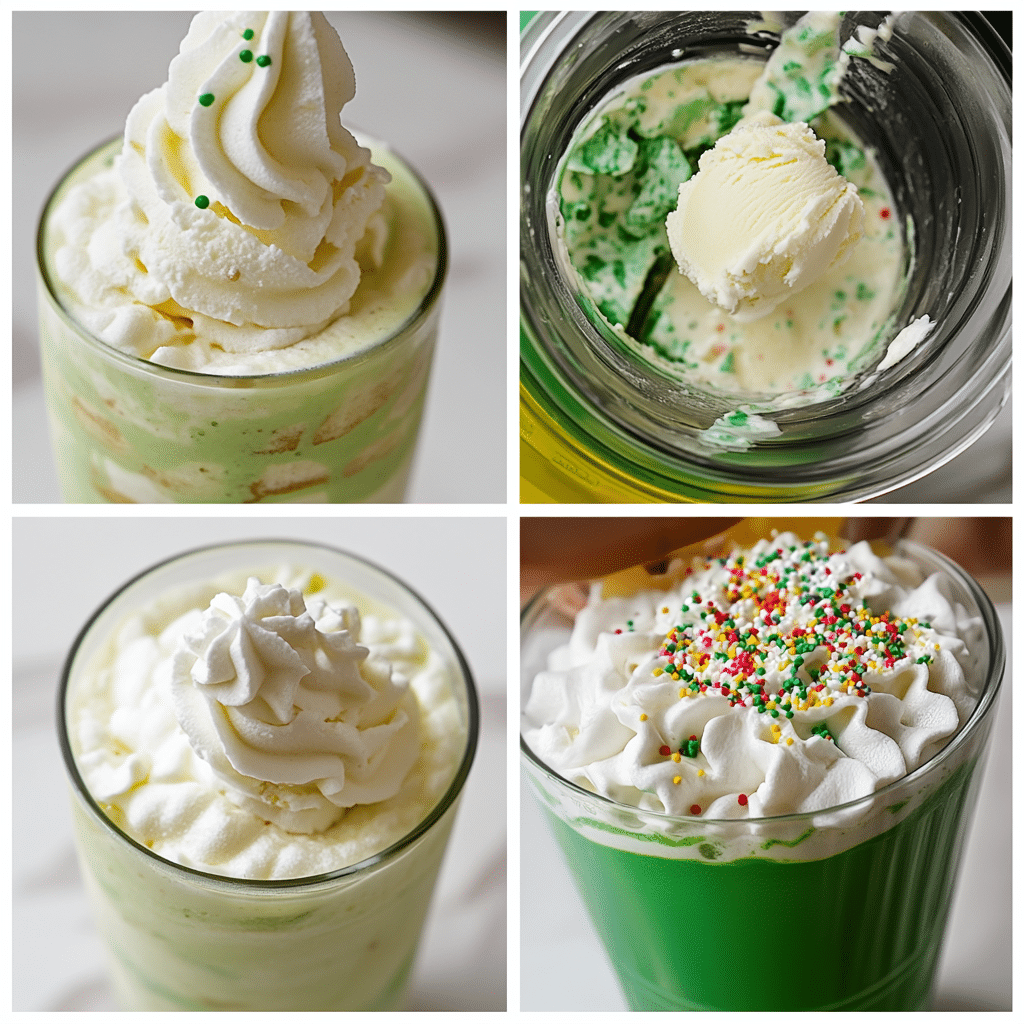 Four step collage of making a copycat shamrock shake