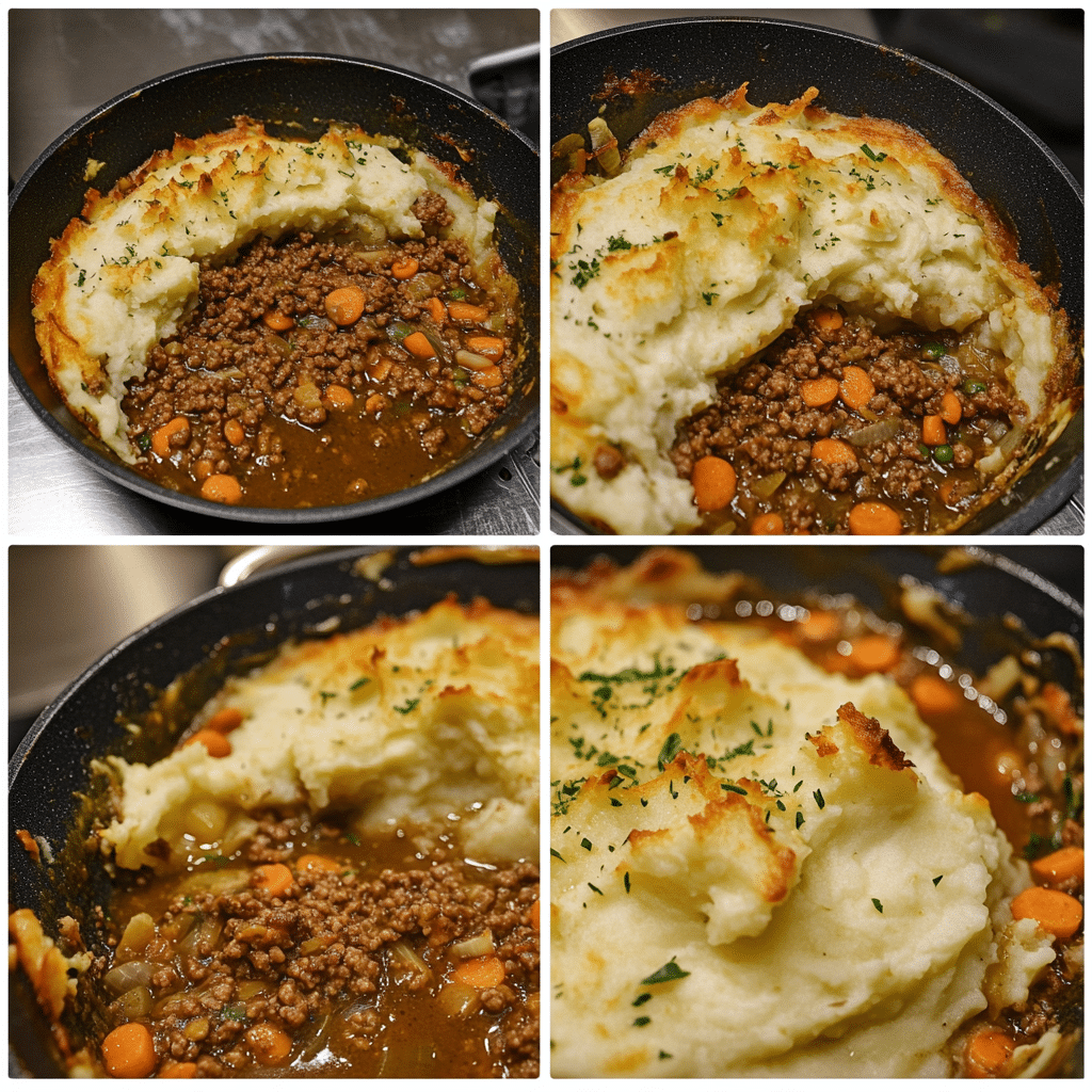 four panel collage showing steps to make shepherds pie with lamb and mashed potatoes