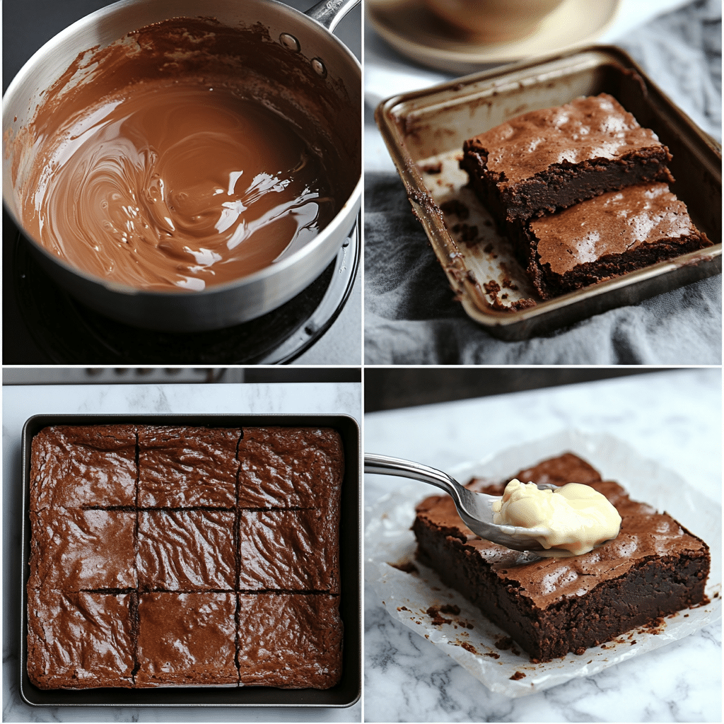 Four-panel collage showing melting chocolate, beating eggs and sugar, mixing batter, and baked brownies cooling