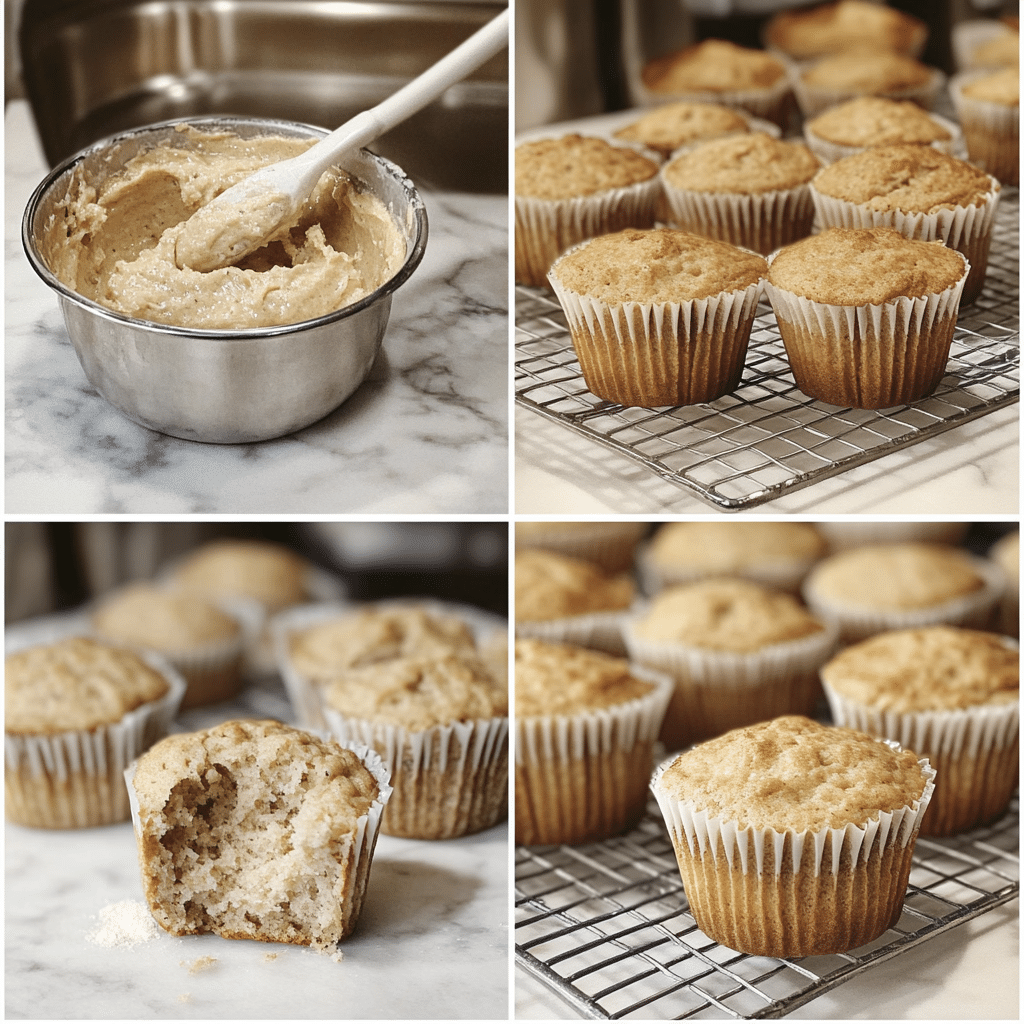 Four-panel collage showing mixing batter, folding dry ingredients, filling muffin cups, and baked muffins cooling